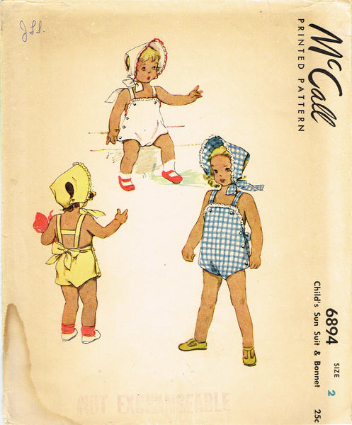 McCall 6894: 1940s Sweet Baby's Sun Suit & Bonnet Size 2 Vintage Sewing Pattern