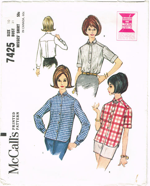 McCall's 7425: 1960s Cute Misses Boyfriend Blouse Sz 31 B Vintage Sewing Pattern