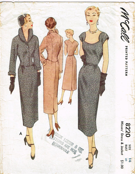 McCall 8220: 1950s Stylish Misses Dress & Jacket Sz 32 B Vintage Sewing Pattern