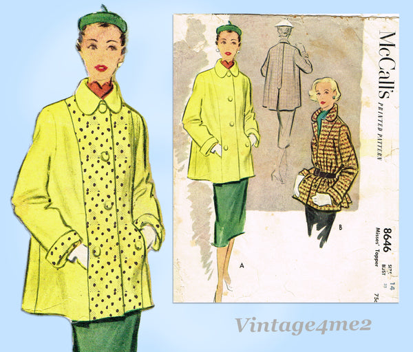 McCall 8646: 1950s High Fashion Misses Coat Size 32 Bust Vintage Sewing Pattern