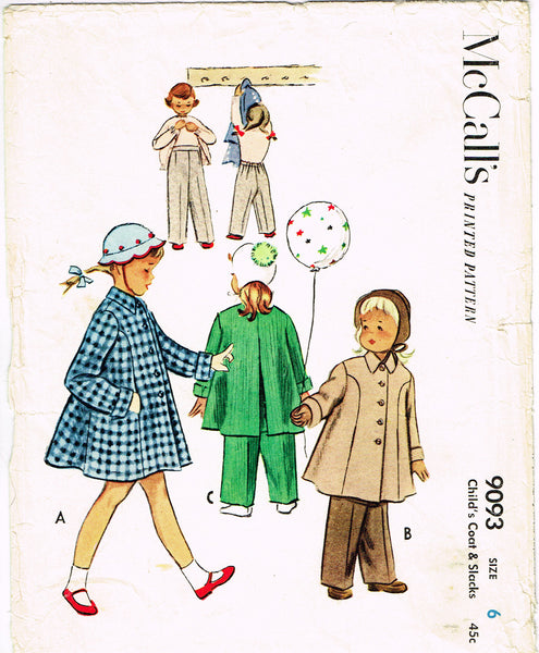 McCall's 9093: 1950s Cute Toddler's Coat & Slacks Size 6 Vintage Sewing Pattern