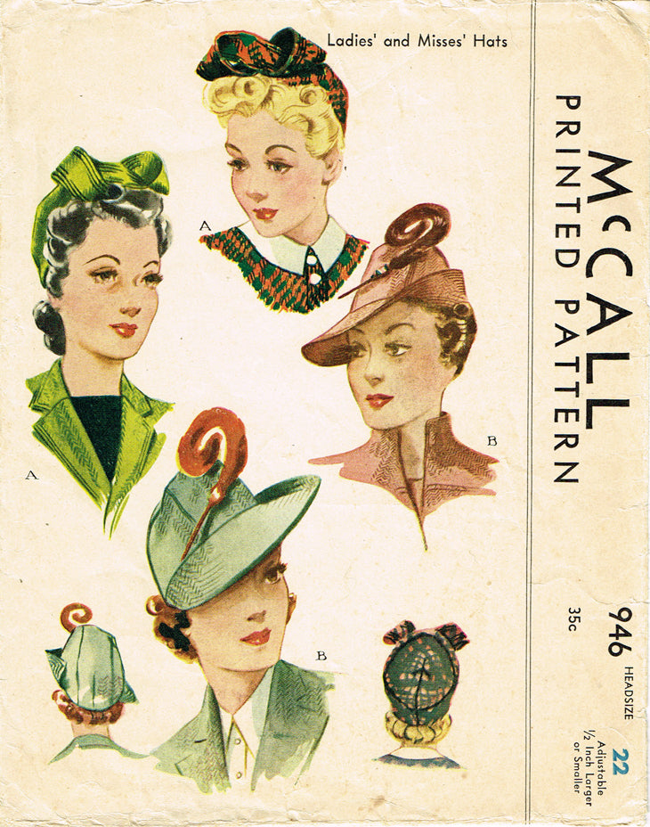 1940s Rare Vintage McCall Sewing Pattern 946 WWII Misses Hat Set