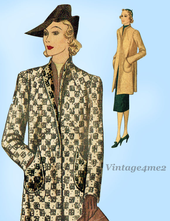 McCall Pattern 9621: 1930s Misses Long Lean Coat Sz 34 B Vintage Sewing Pattern - Vintage4me2