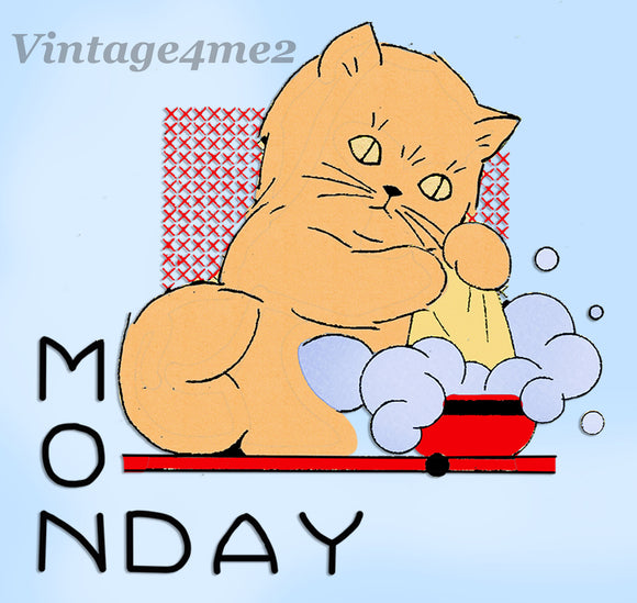 Monarch M221: 1930s Vintage Embroidery Transfer Uncut Day of the Week Kitty Motifs