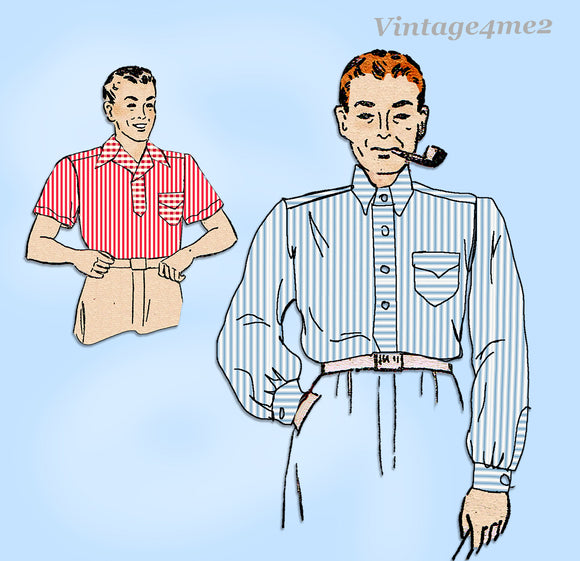 New York 1378: 1940s Classic Men's Sports Shirt 14in Neck Vintage Sewing Pattern
