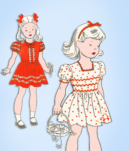 1940s Original Vintage New York Sewing Pattern 1841 Toddler Girls Dress Size 2