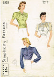 Simplicity 3328: 1940s Misses WWII Blouse Size 34 Bust Vintage Sewing Pattern