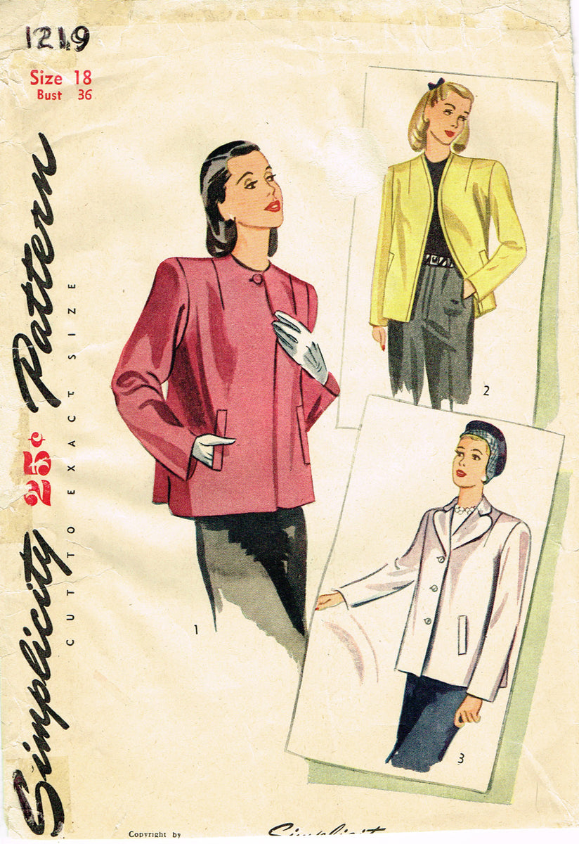 Simplicity 1219: 1940s Misses Jacket Sz 36 Bust Vintage Sewing Pattern ...