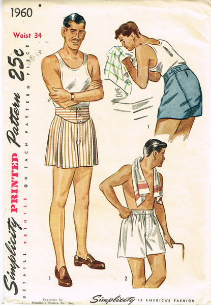 Simplicity 1960: 1940s Classic Men's Boxer Shorts Sz 34 W Vintage Sewing Pattern