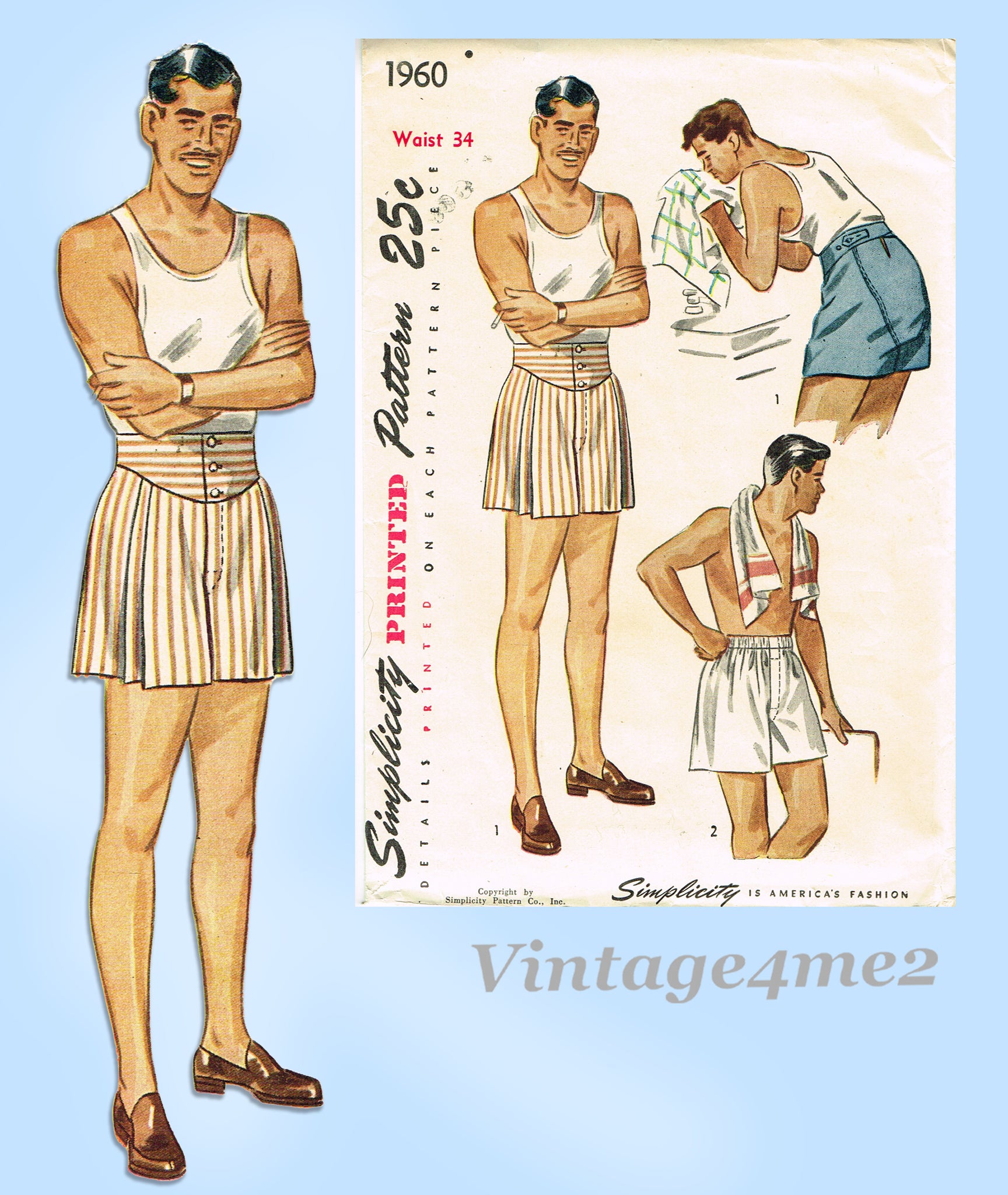Simplicity 1960: 1940s Classic Men's Boxer Shorts Sz 34 W Vintage