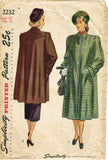 Simplicity 2232: 1940s Stylish Women's Coat Size 36 Bust Vintage Sewing Pattern