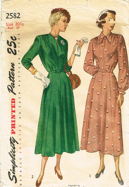 Simplicity 2582: 1940s Stunning Misses Soft Day Dress 39B Vintage Sewing Pattern
