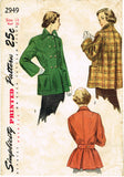 Simplicity 2949: 1940s Stylish Women's Coat Size 32 Bust Vintage Sewing Pattern