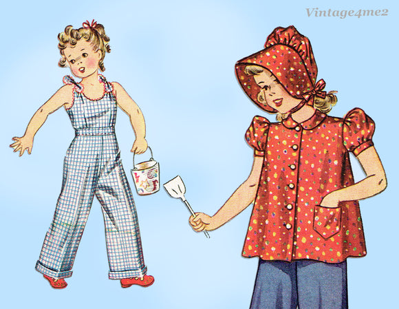 1940s Vintage Simplicity Pattern 3398 Cute Baby Girls Overalls & Smock Sz 2