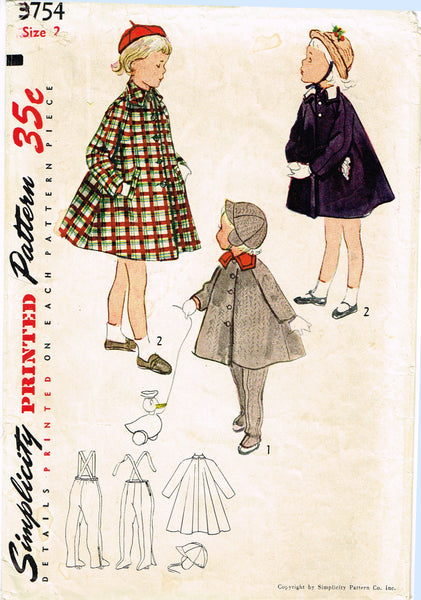 1950s Vintage Simplicity Sewing Pattern 3754 Cute Toddlers Coat and Hat Size 2