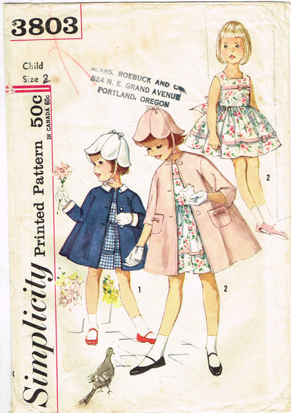 1960s Vintage Simplicity Sewing Pattern 3803 Girls Dress Coat Tulip Hat