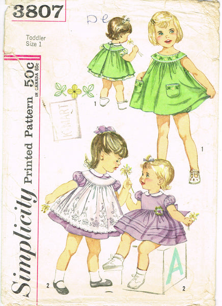 1960s Vintage Simplicity Sewing Pattern 3807 Baby Girls Dress and Pinafore