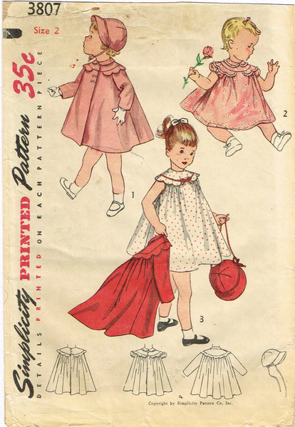 1950s Vintage Simplicity Sewing Pattern 3807 Baby Girls Dress Coat Bonnet Sz 2