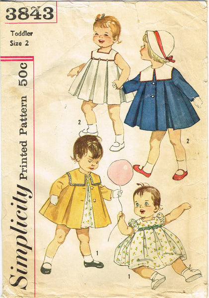 1960s Vintage Simplicity Sewing Pattern 3843 Baby Girls Dress and Coat Size 2