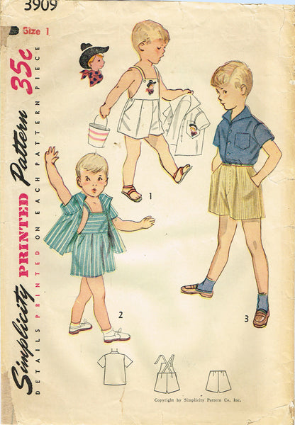 1950s Vintage Simplicity Sewing Pattern 3909 Cute Baby Boys Cowboy Overalls