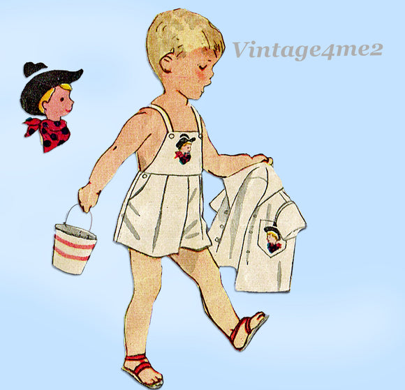 1950s Vintage Simplicity Sewing Pattern 3909 Cute Baby Boys Cowboy Overalls