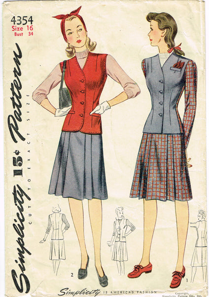 Simplicity 4354: 1940s Lovely Misses WWII Suit Sz 34 B Vintage Sewing Pattern