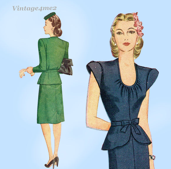 1940s Vintage Simplicity Sewing Pattern 1172 Easy Misses Peplum Dress Sz 30 Bust