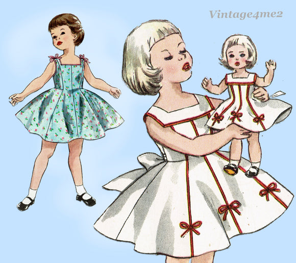 1950s Vintage Simplicity Sewing Pattern 1186 Cute Toddler Girl & Doll Dress Sz 2