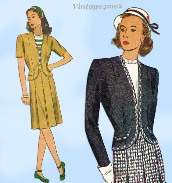 1940s Vintage Simplicity Sewing Pattern 1258 Lovely Misses WWII Suit Sz 32 Bust