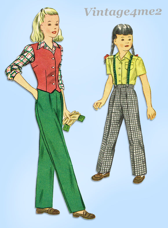 1940s Vintage Simplicity Sewing Pattern 1268 WWII Little Girls Pants Suit Sz 10