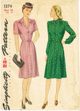 Simplicity 1374: 1940s WWII Misses Shirtwaist Dress Sz 34 B Vintage Sewing Pattern