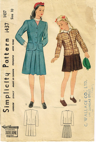Simplicity 1437: 1940s Classic WWII Girls 2 PC Suit Sz 10 Vintage Sewing Pattern
