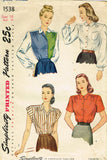 Simplicity 1538: 1940s Cute WWII Misses Blouse Vintage Sewing Pattern