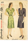 Simplicity 1571: 1940s Misses WWII Street Dress Size 36 B Vintage Sewing Pattern