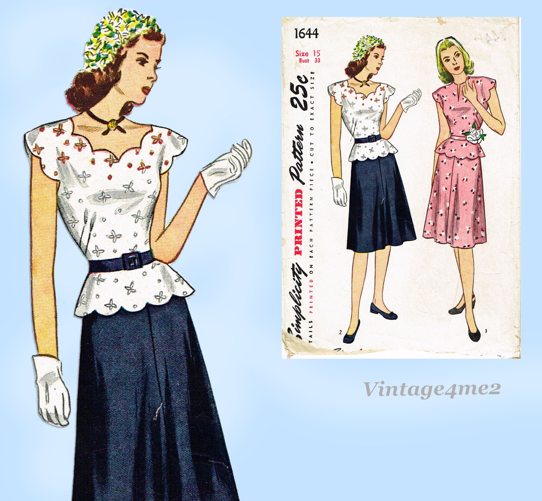 Simplicity 1644: 1940s Misses 2 PC Peplum Dress Size 33 B Vintage Sewi –  Vintage4me2