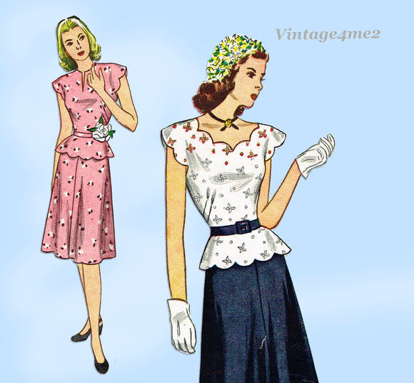 Simplicity 1644: 1940s Misses 2 PC Peplum Dress Size 33 B Vintage Sewing Pattern