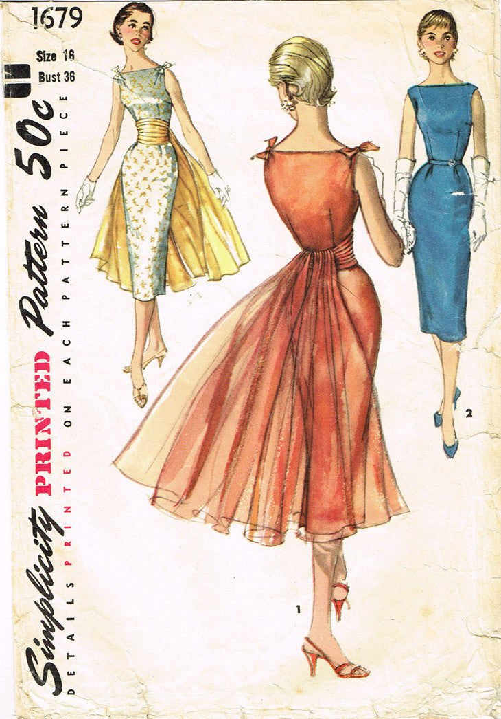 1950s Vintage Simplicity Sewing Pattern 1679 Misses Cocktail Dress w Drape 36 B