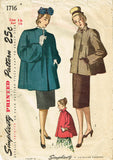 Simplicity 1716: 1940s Stunning Misses Swing Coat Sz 34 B Vintage Sewing Pattern