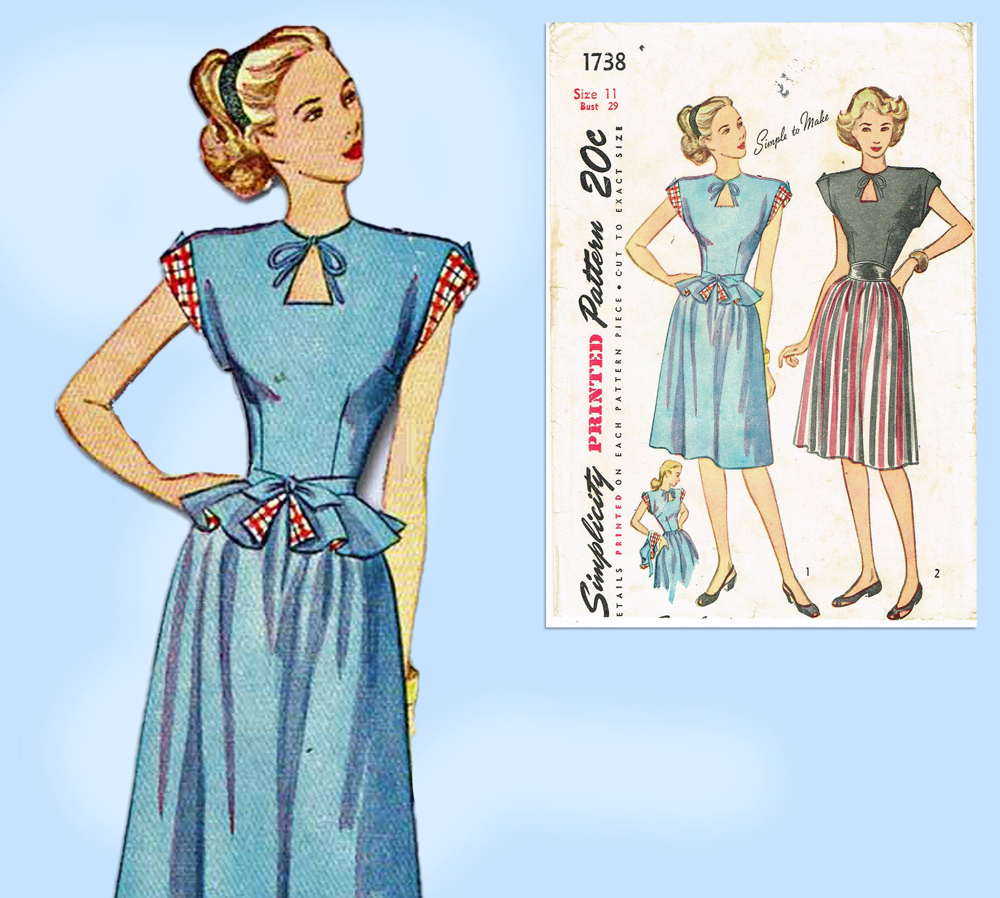 1940s Vintage Simplicity Sewing Pattern 1738 Misses Keyhole Dress 29 B ...
