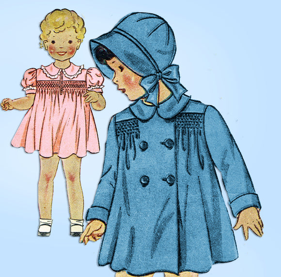 Simplicity 1839: 1930s Toddler Girl Smocked Dress Coat Vintage Sewing Pattern - Vintage4me2