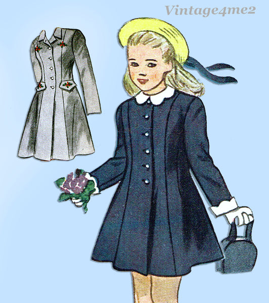 1940s Vintage Simplicity Sewing Pattern 1853 Cute Toddler Girls Coat Size 6