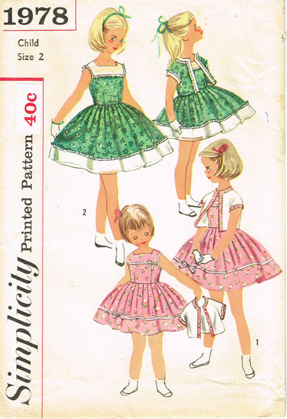 Simplicity 1978: 1950s Sweet Toddler Girls Dress Size 2 Vintage Sewing Pattern