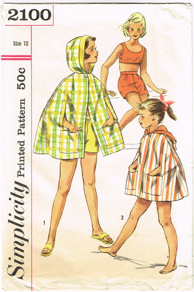 Simplicity 2100: 1950s Girls Sun Suit & Hooded Cape Sz 12 Vintage Sewing Pattern