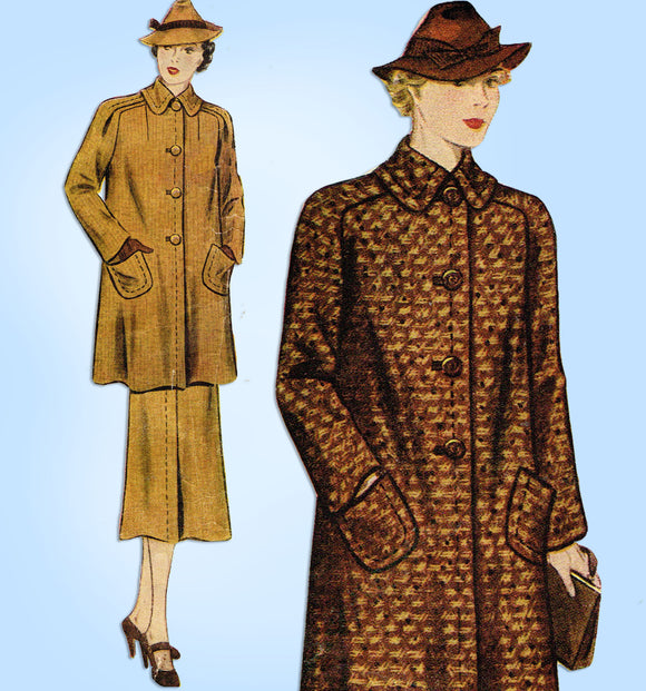 Simplicity 2214: 1930s Misses Suit w Swagger Coat Sz 30 B Vintage Sewing Pattern - Vintage4me2