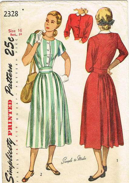 Simplicity 2328: 1940s Easy Misses Street Dress Sz 34 B Vintage Sewing Pattern