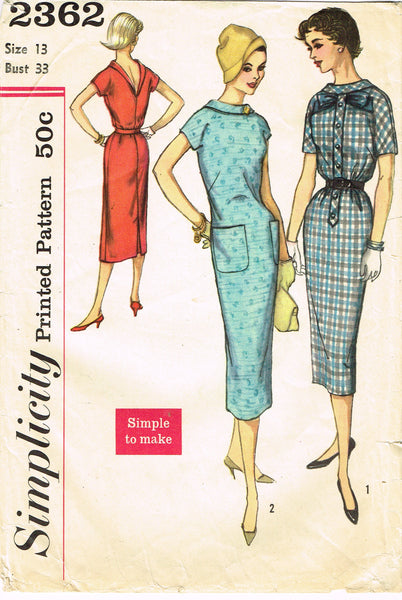Simplicity 2362: 1950s Easy Misses Slender Dress Sz 33 B Vintage Sewing Pattern