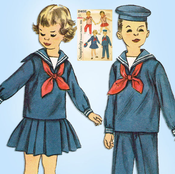 1950s Vintage Simplicity Sewing Pattern 2402 Twins Sailor Suit Size 2