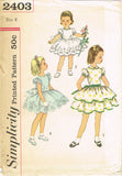 1950s Vintage Simplicity Sewing Pattern 2403 Cute Toddler Girls Party Dress Sz 6