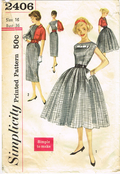 Simplicity 2406: 1950s Easy Misses Dress & Bolero Sz 36 B Vintage Sewing Pattern