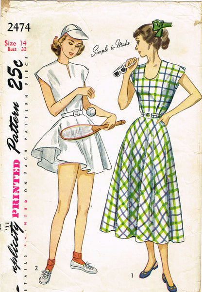 Simplicity 2474: 1940s Cute Misses Tennis Dress Size 32 B Vintage Sewing Pattern